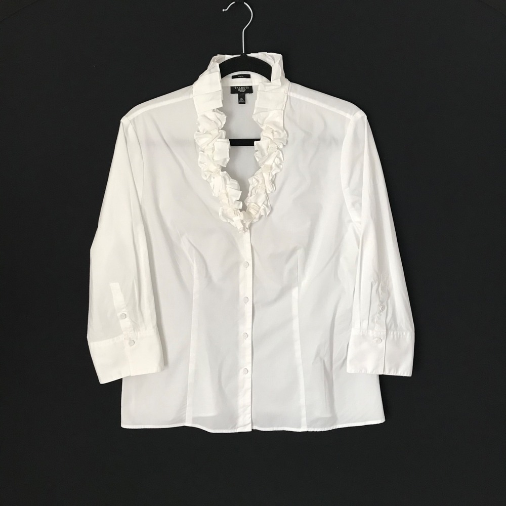 TALBOTS Petite Women's White Ruffle Neck Button Front Stretch Shirt Size 14P
